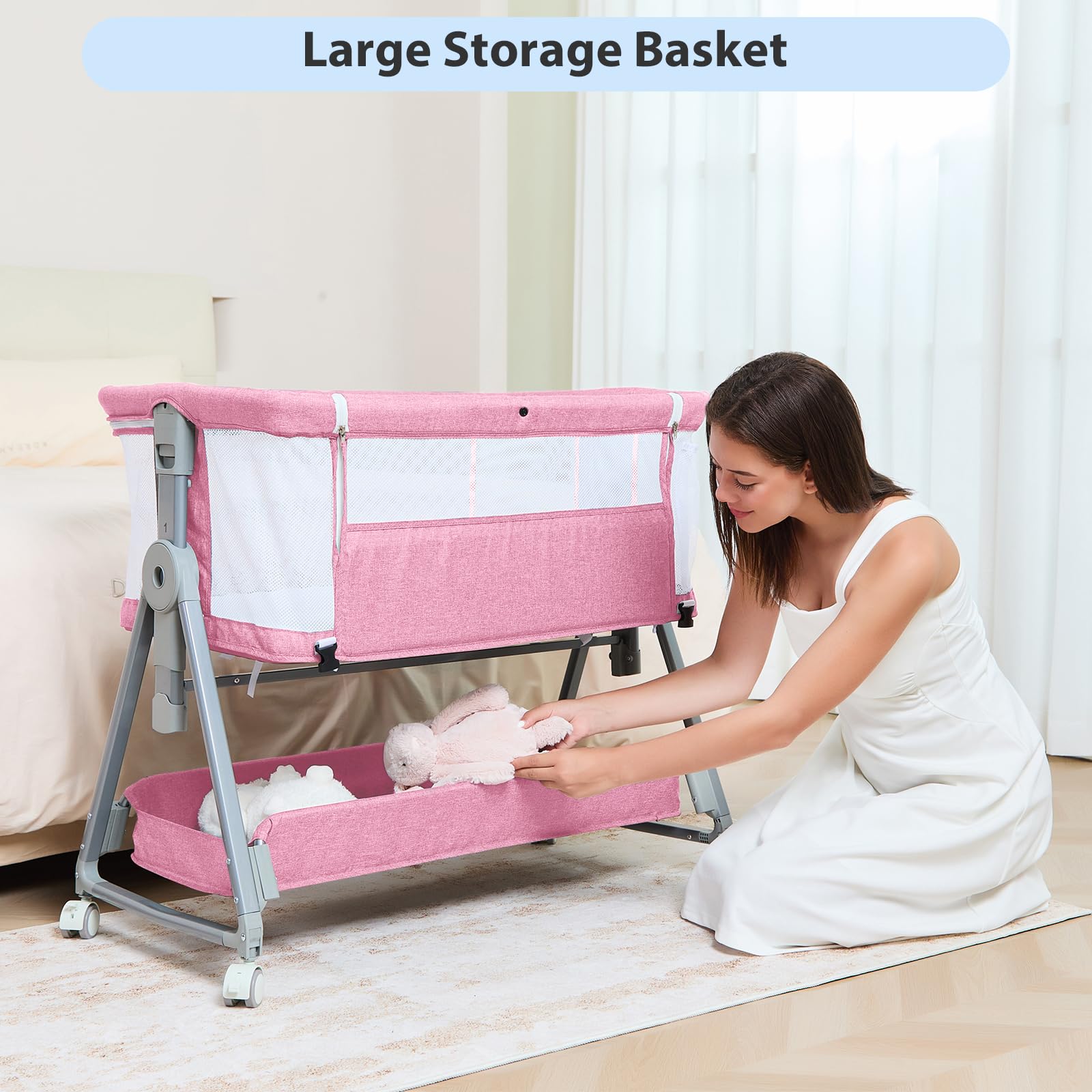 Grobeybees bassinet under-basket storage keeps diapers and bottles organized at hand.