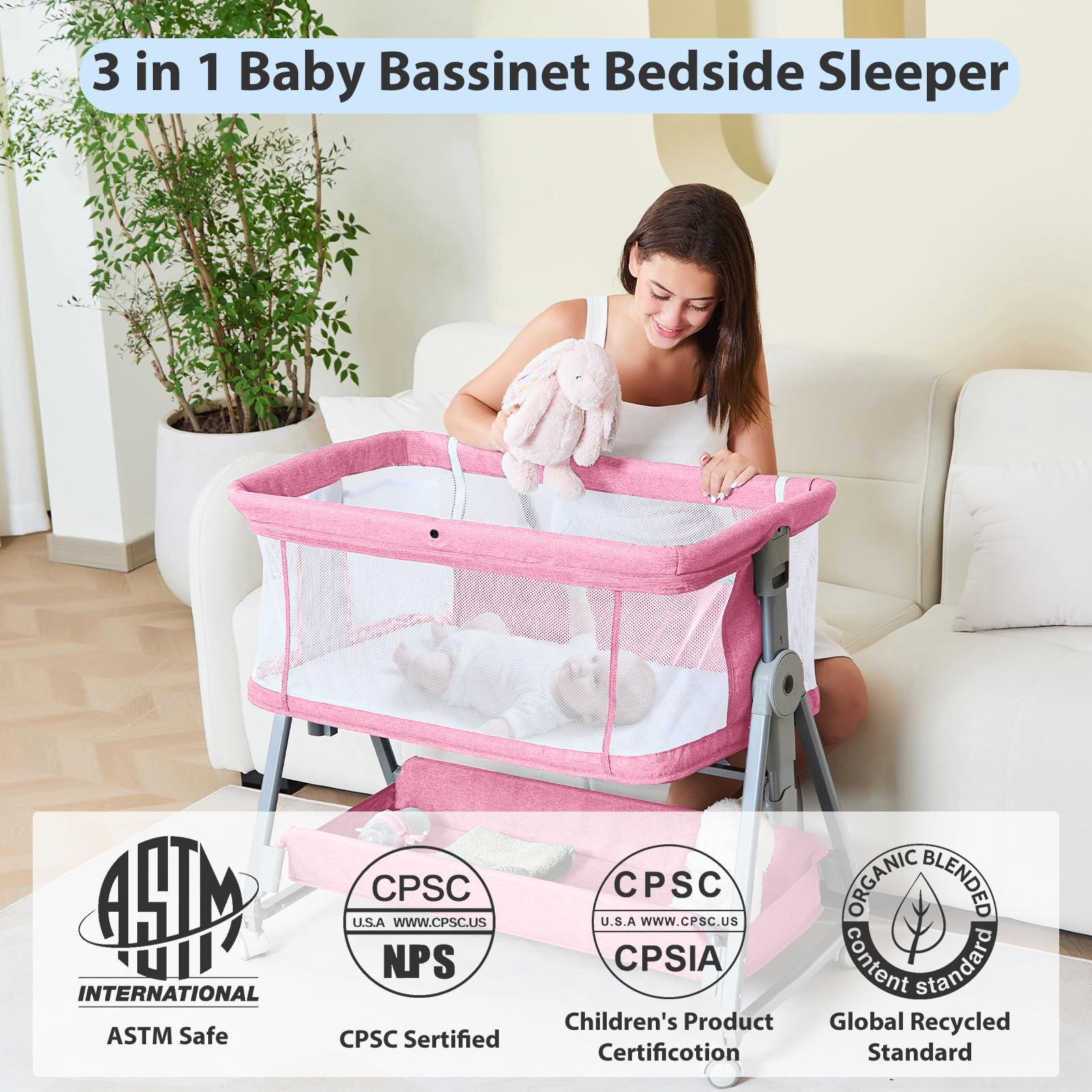 Grobeybees bassinet wheels for mobility lets you move the crib between rooms.