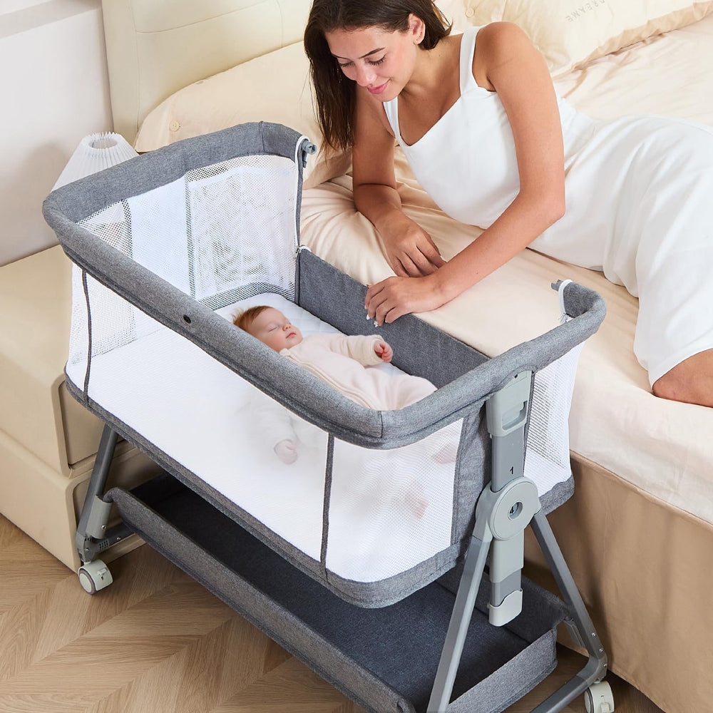 Grobeybees bedside bassinet attached to bed for convenient night feeds