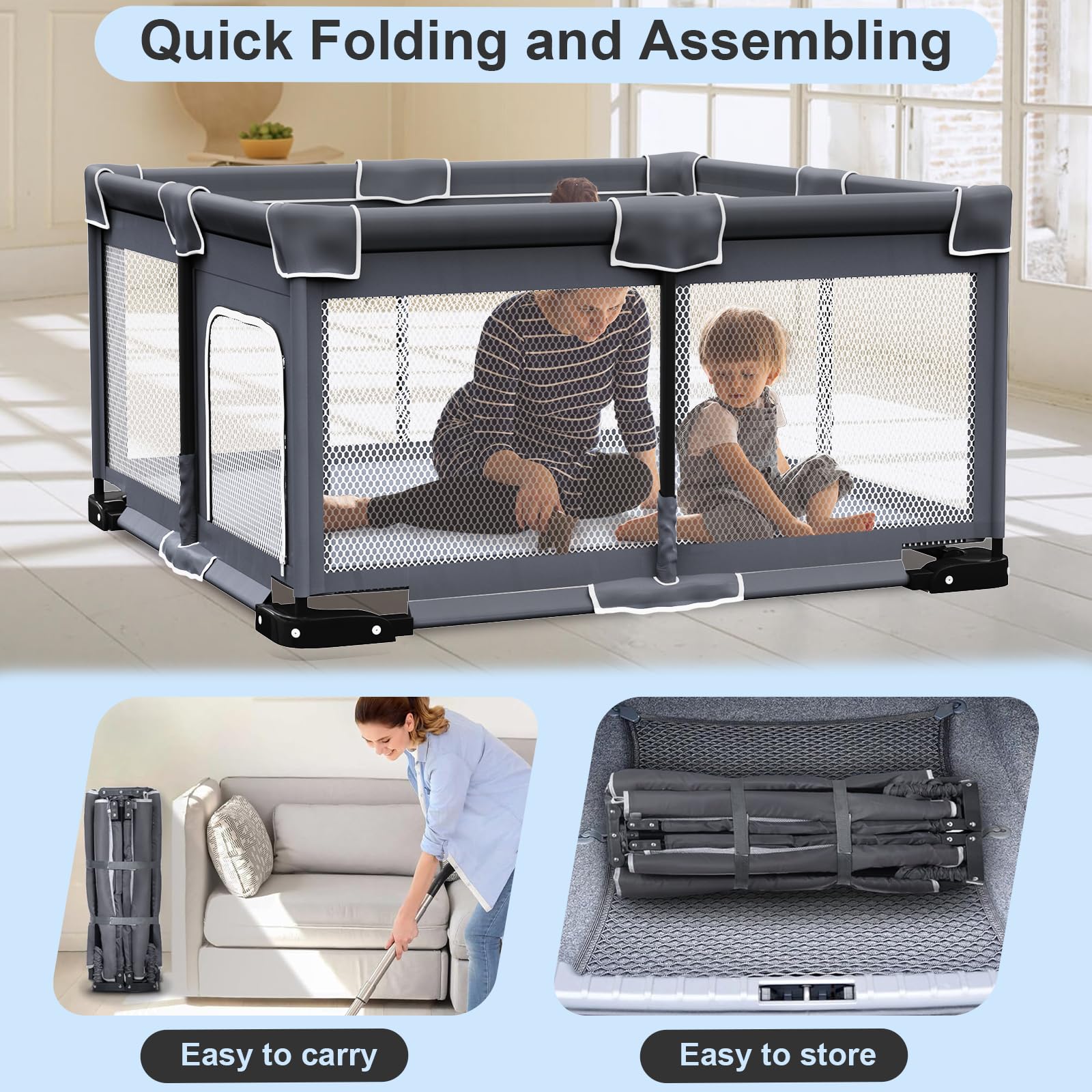Grobeybees foldable playpen hanging loops assist babies standing