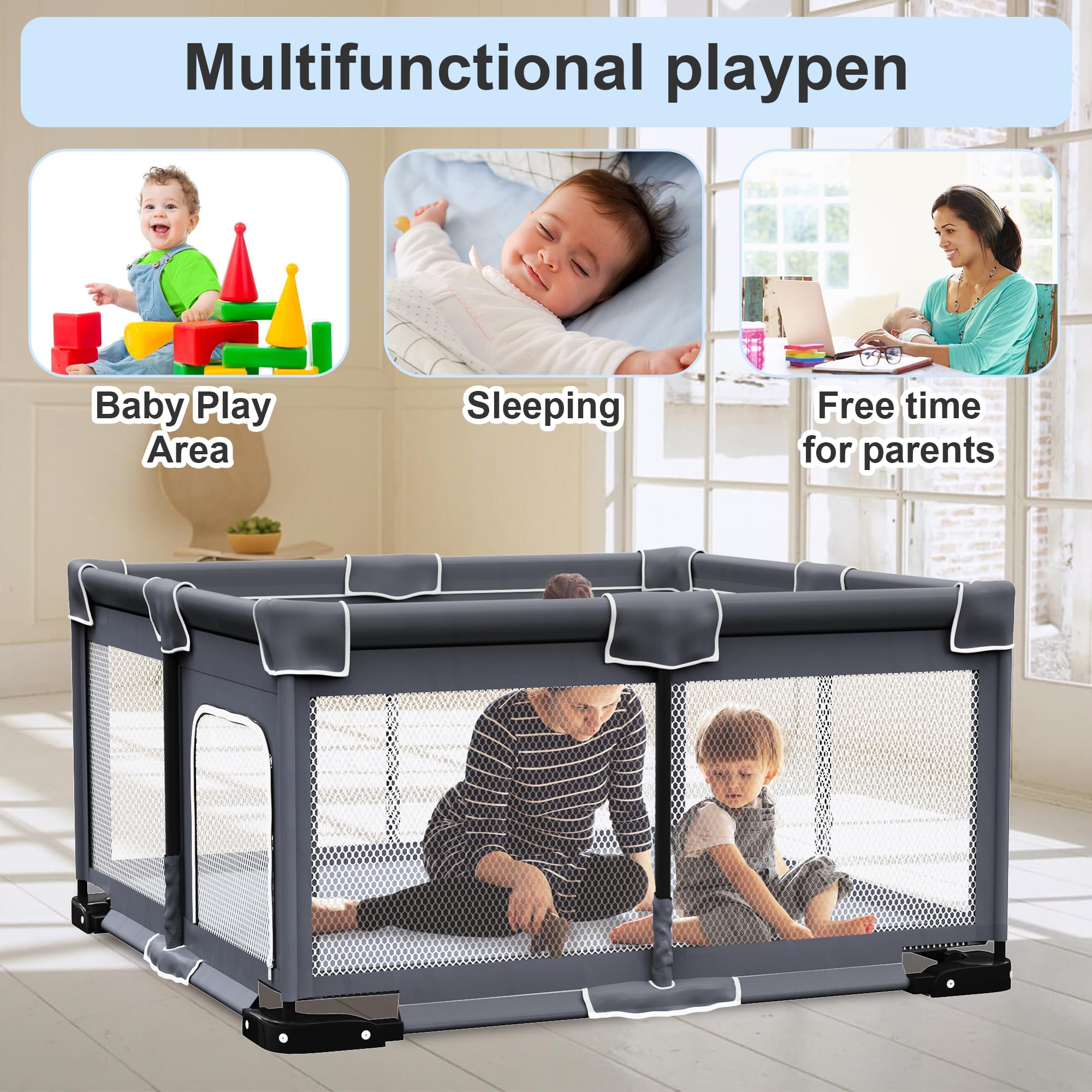 Grobeybees foldable playpen soft mat closeup shows non-slip surface