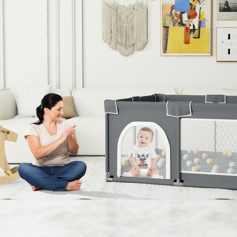 Grobeybees Playpen grey interior shows 50x50x27 inches of generous space