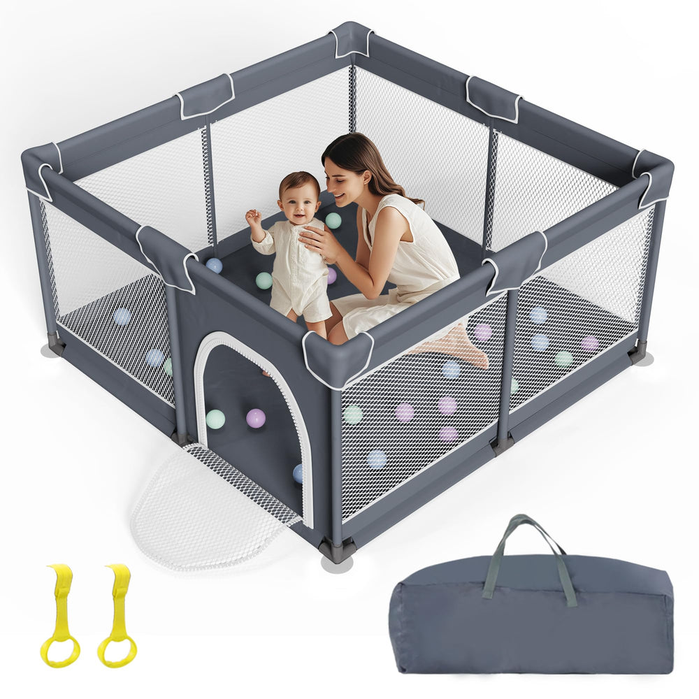 Grobeybees Playpen grey outer view highlights sturdy frame for safe indoor-outdoor use