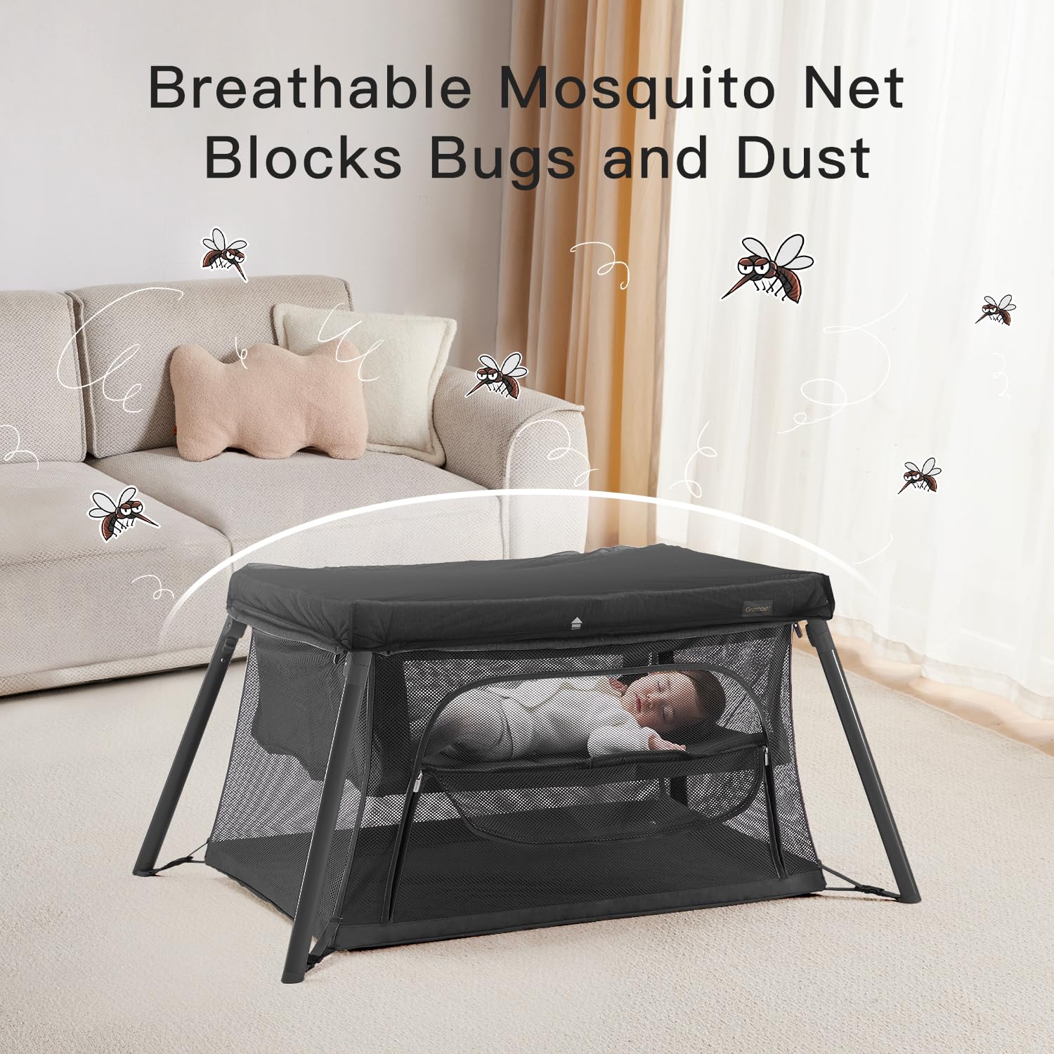 Gromast bunk bed attachment shown, enabling safe sleeping and storage.