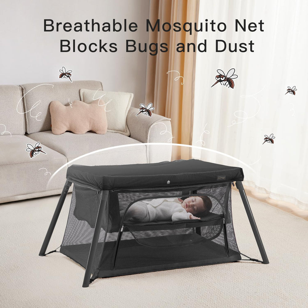 Gromast bunk bed attachment shown, enabling safe sleeping and storage.