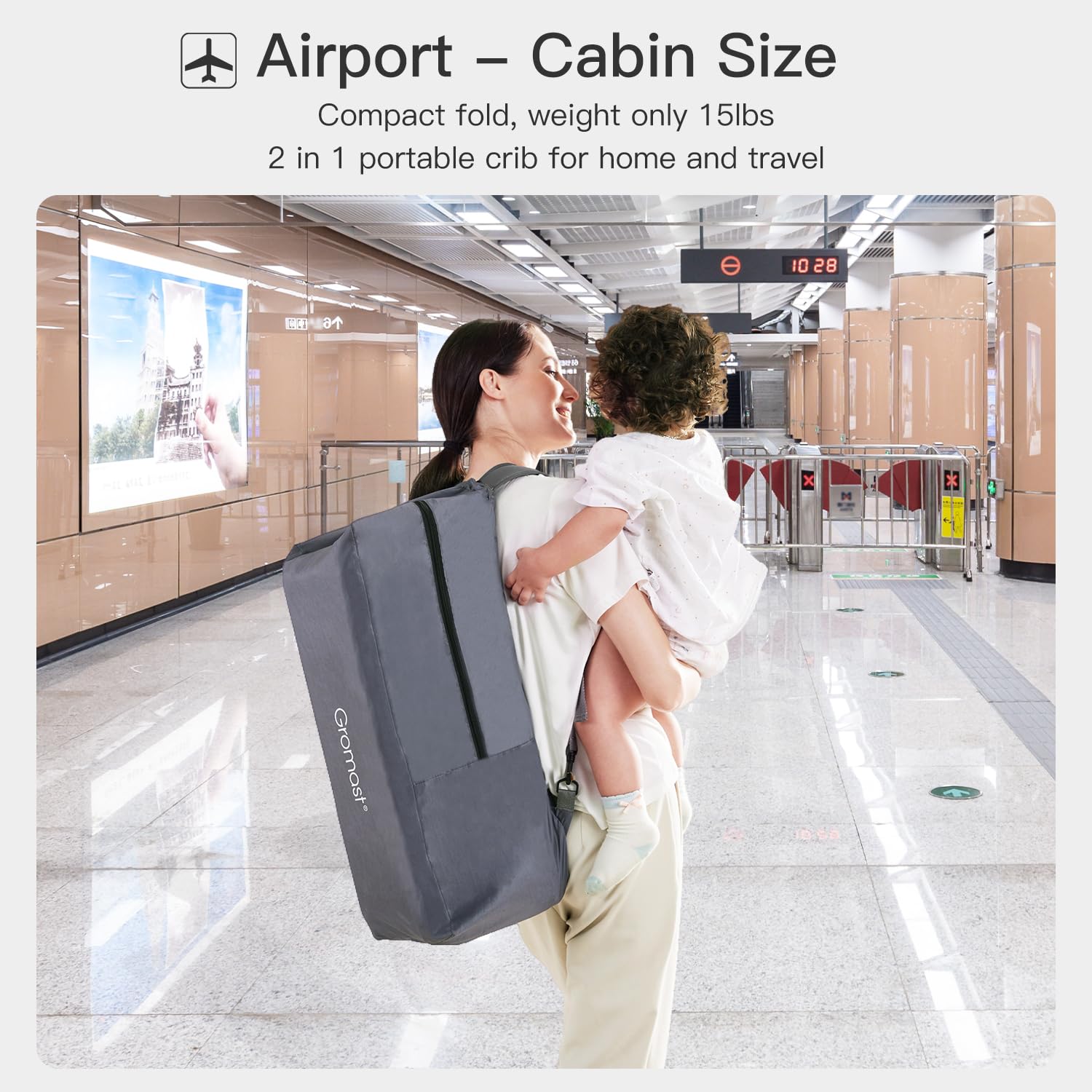 Gromast 2-in-1 travel crib portable bag with shoulder strap.