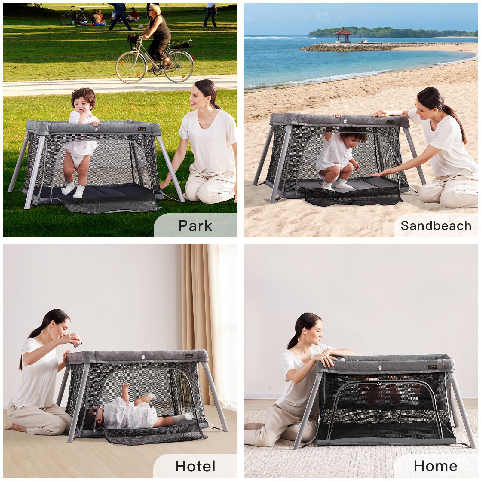 Gromast 2-in-1 travel crib unfolded size check helps fitting spaces.