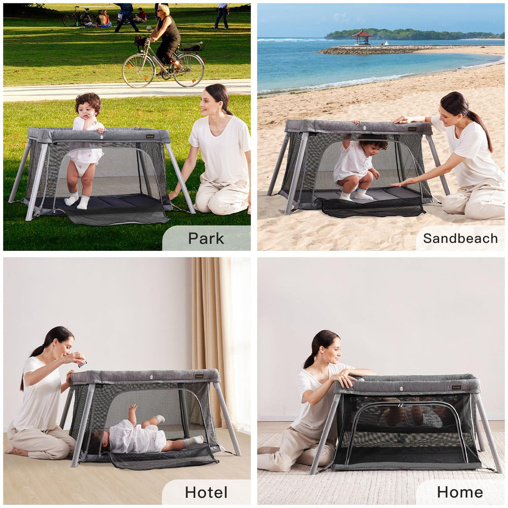 Gromast 2-in-1 travel crib unfolded size check helps fitting spaces.