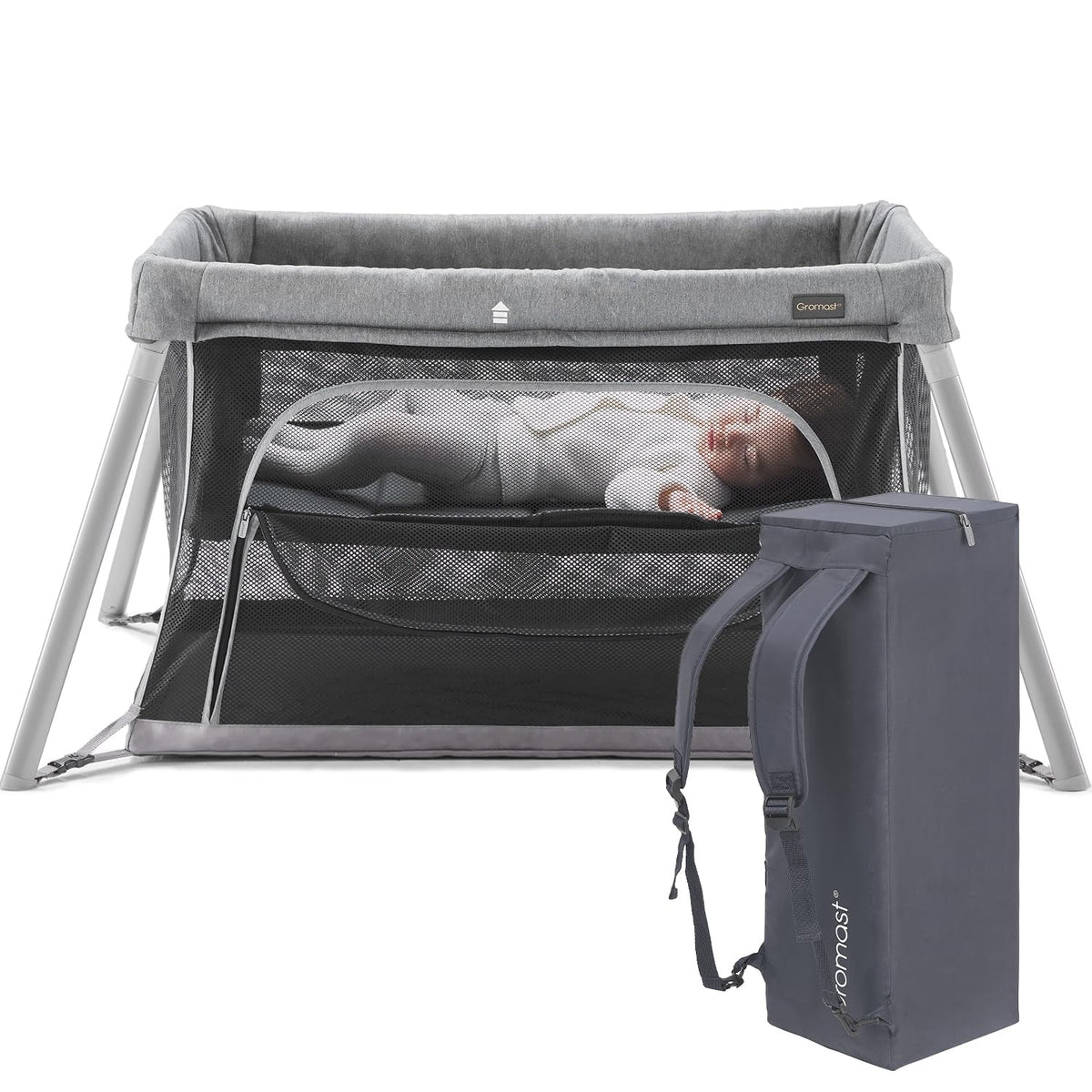 Gromast 2-in-1 travel crib folded in its carry bag for easy transport.