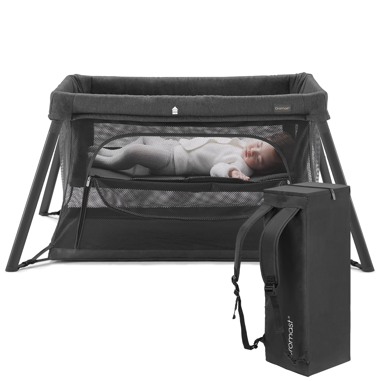 Gromast 2 in 1 travel crib folded for easy transport and storage.