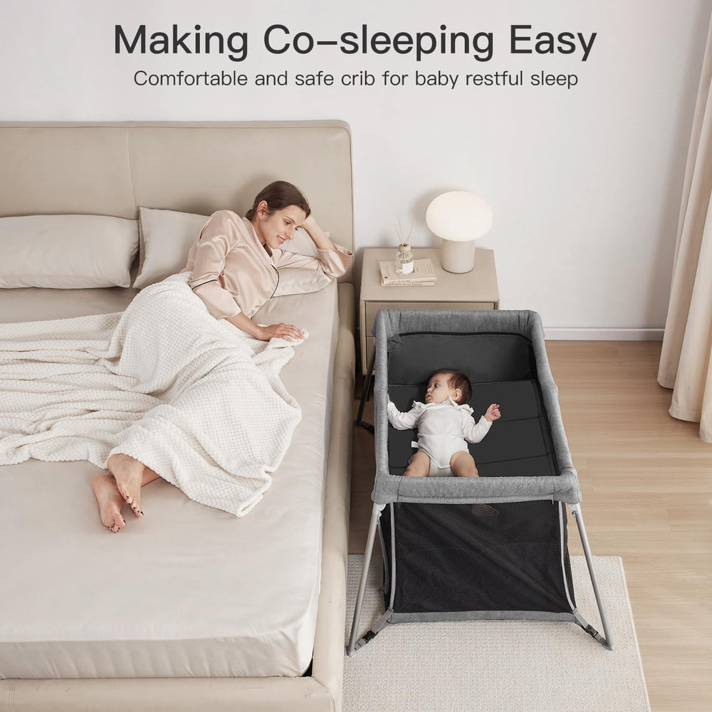 Gromast 2-in-1 travel crib mesh sides provide ventilation and visibility.