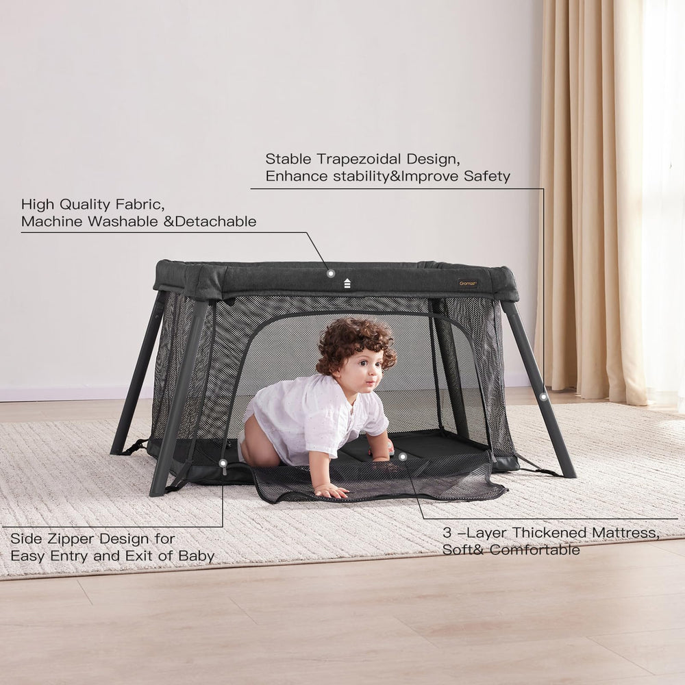 Gromast soft mattress inside the playpen promises comfortable naps.