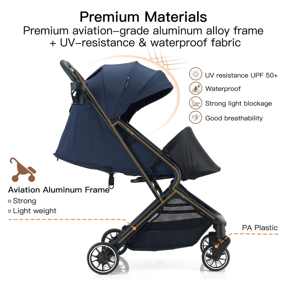 Gromast Compact Fold Stroller aircraft-grade aluminum frame for durable travel.