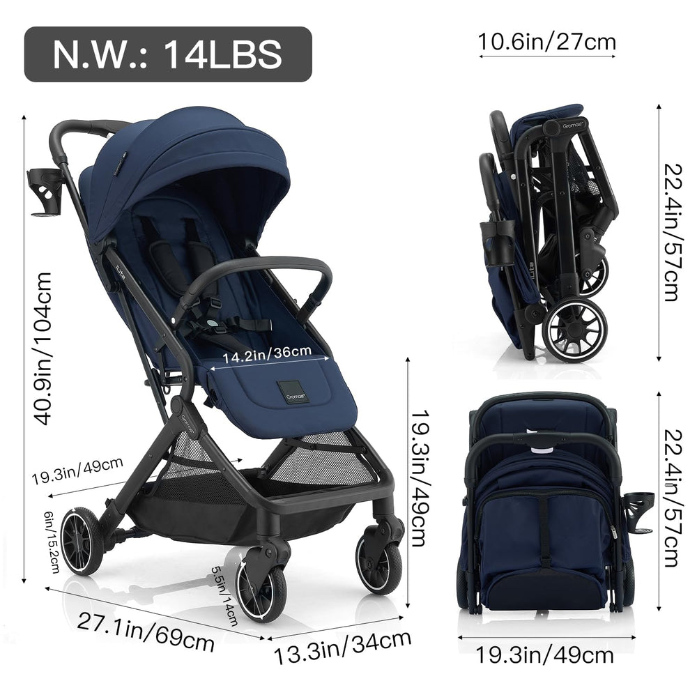 Gromast Compact Fold Stroller extendable UPF50+ canopy with peek-a-boo window and breathability.