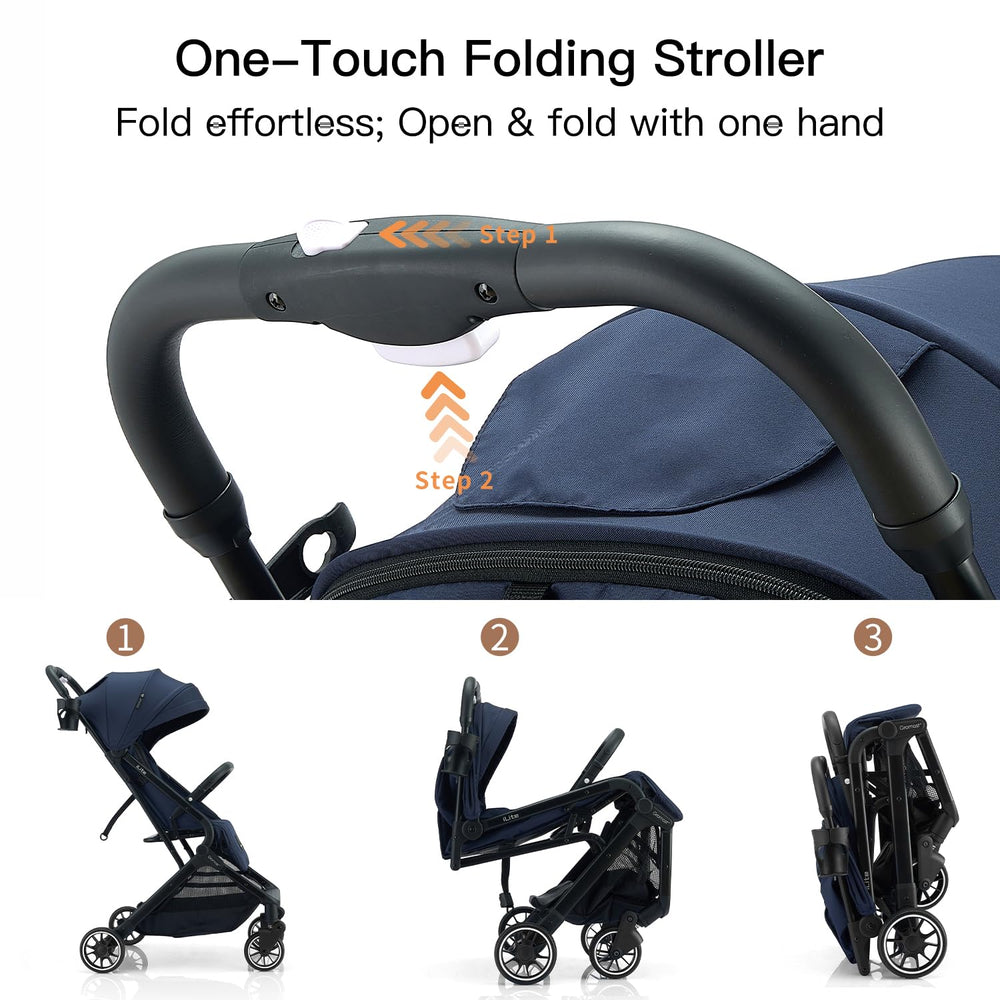 Gromast Compact Fold Stroller fold button demonstrates one-handed fold convenience.