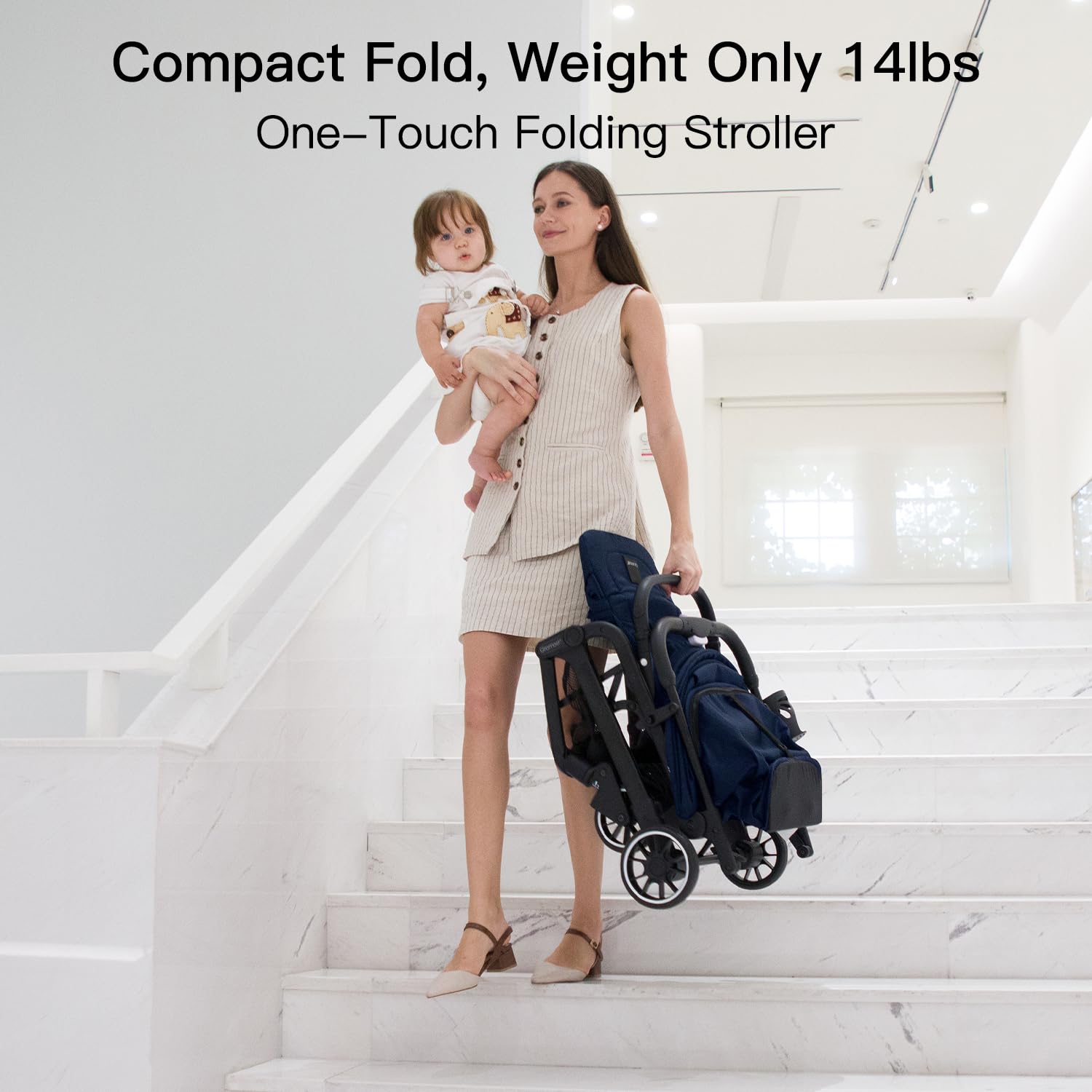 Gromast Compact Fold Stroller weighs 14 pounds, travel-friendly and easy to lift.