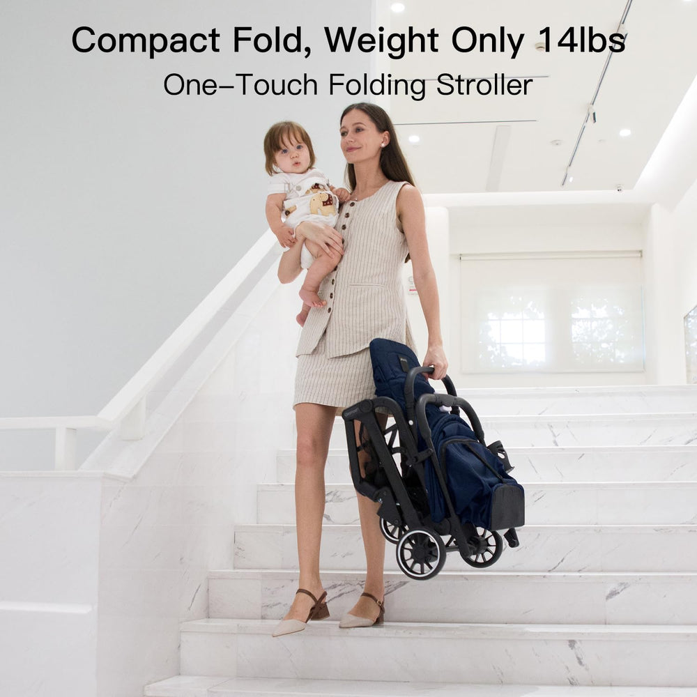 Gromast Compact Fold Stroller weighs 14 pounds, travel-friendly and easy to lift.