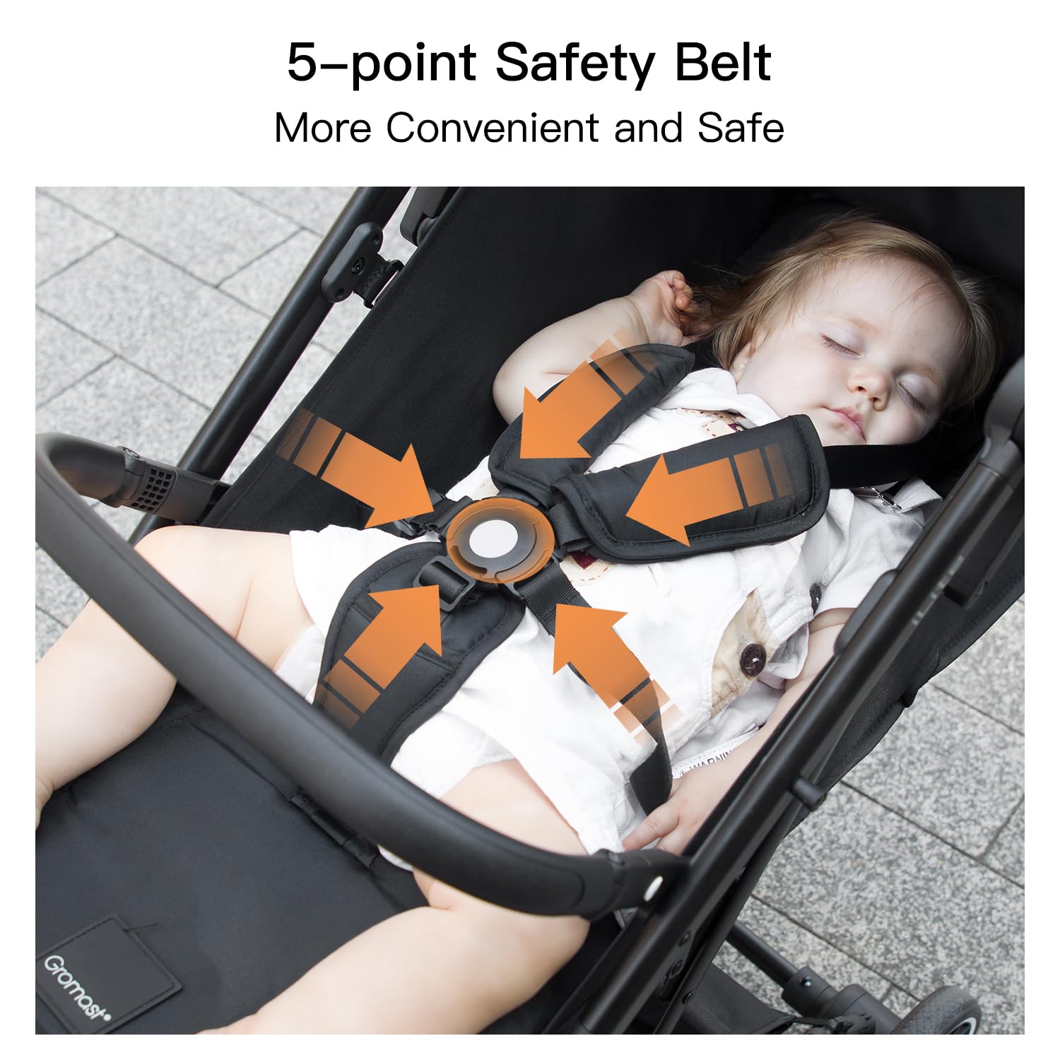 Gromast Compact Fold Stroller under-seat basket fits diapers and keys.