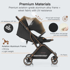 Gromast gravity stroller with adjustable seat recline for growing children.