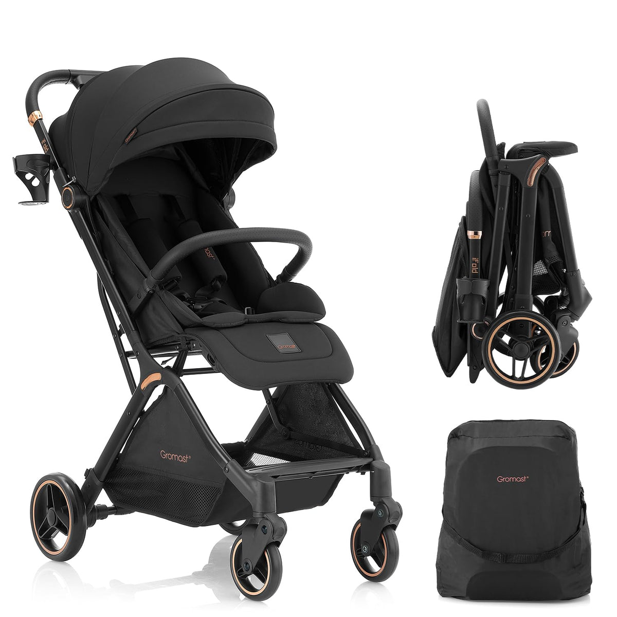 Gromast Gravity folding stroller auto-fold action for quick hands-free setup.