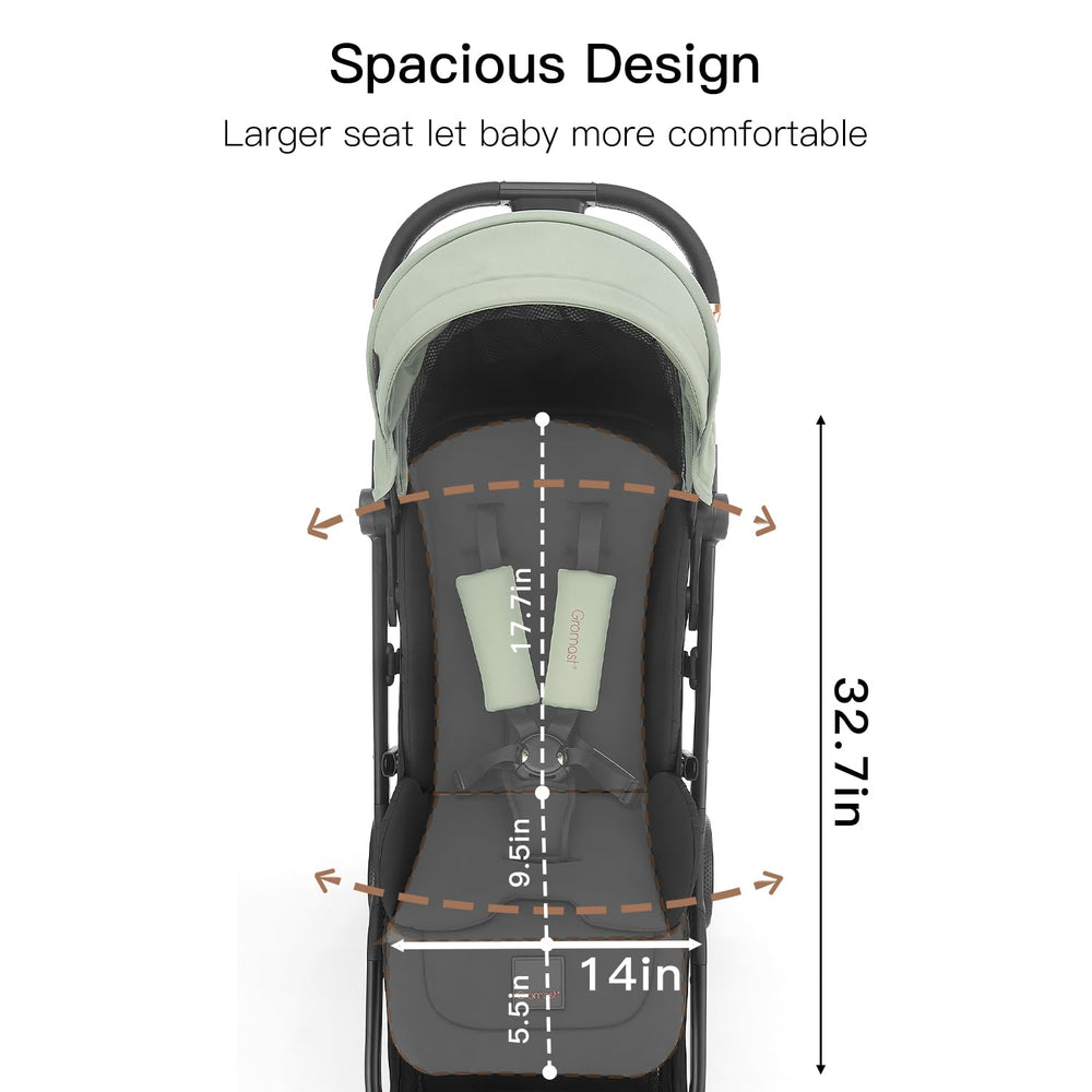 Gromast Gravity Folding Stroller folded-compact demonstrates easy storage in tight spaces.