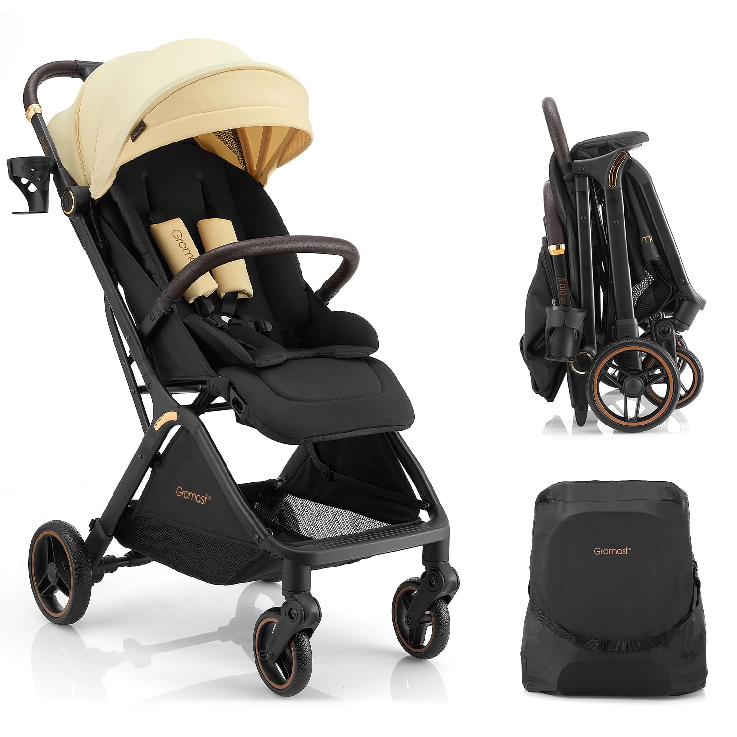 Gromast Gravity folding stroller front view with one-handed auto-fold for quick setup.