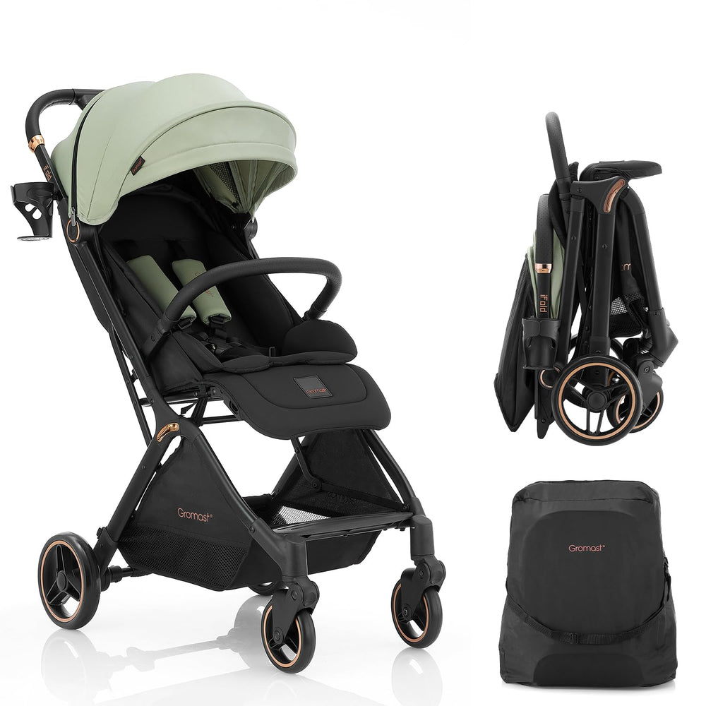 Gromast Gravity Folding Stroller front view shows a compact travel-ready design.