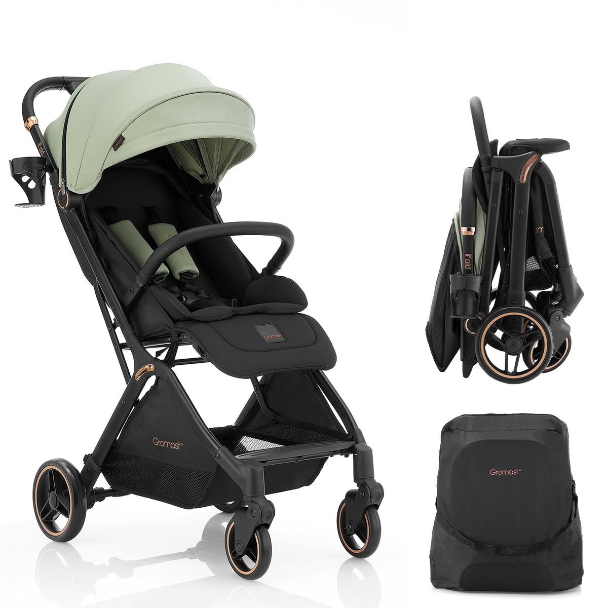 Gromast Gravity Folding Stroller front view shows a compact travel-ready design.