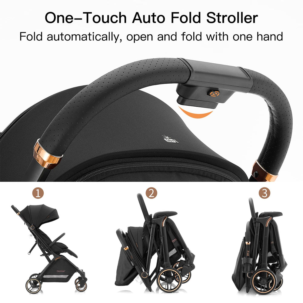 Gromast gravity-folding-stroller peek-a-boo window for quick checks.