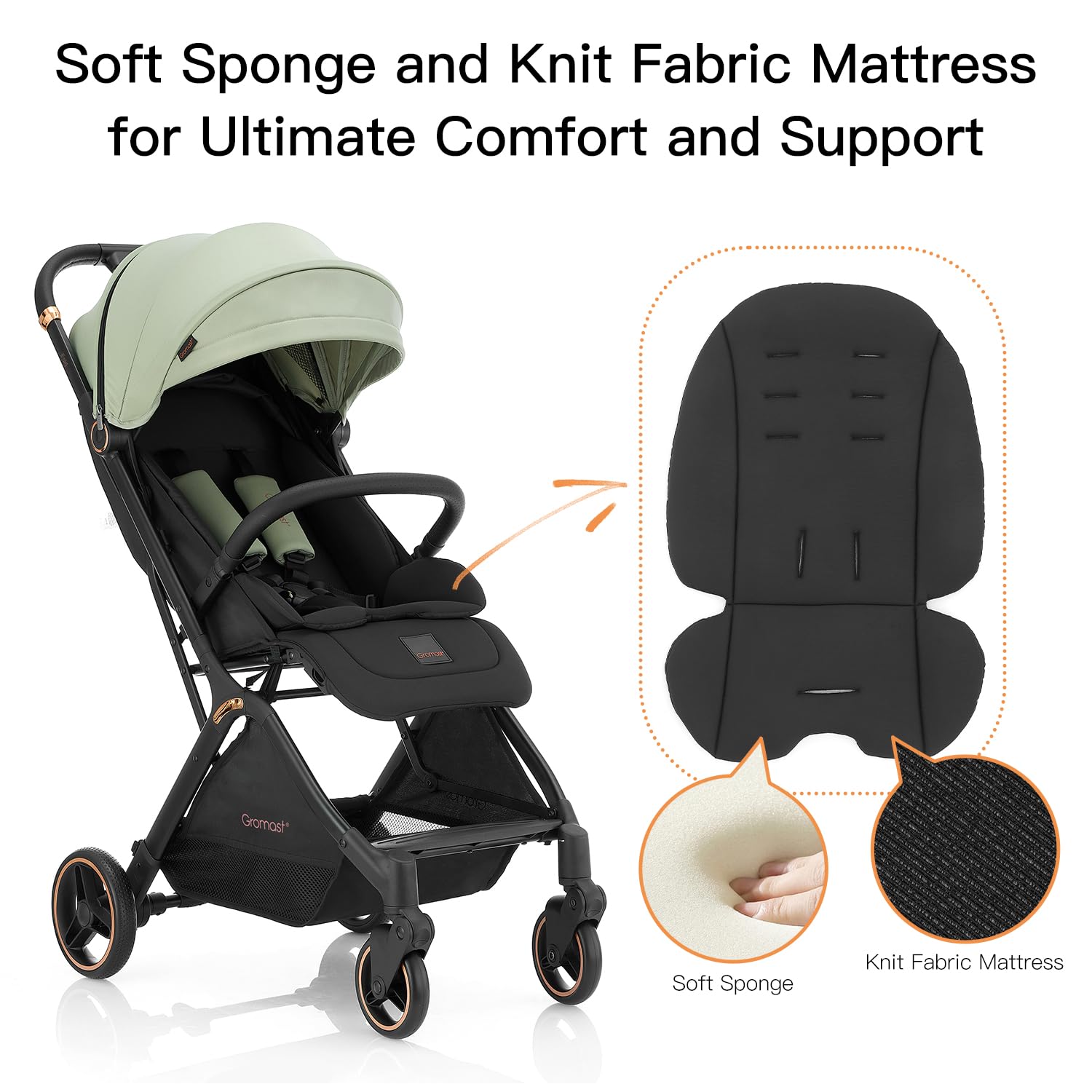 Gromast Gravity Folding Stroller side profile highlights its slim, lightweight build.