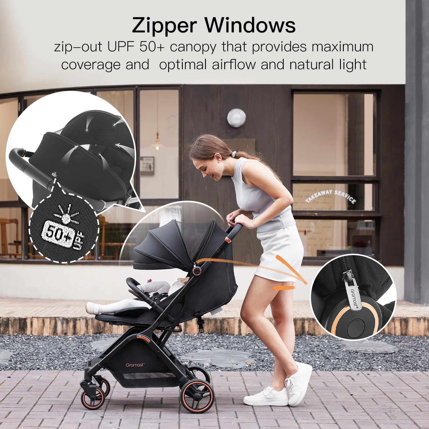 Gromast gravity-stroller UV-protected canopy provides shade and airflow.