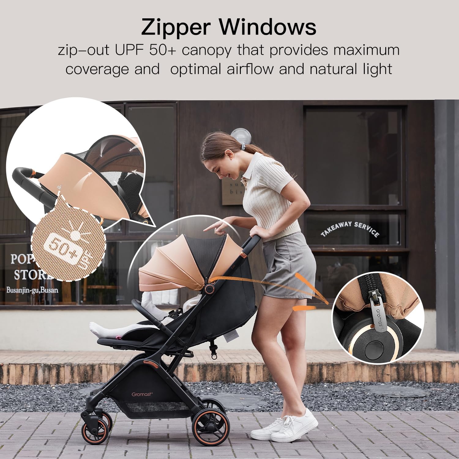 Gromast Gravity stroller 4-position canopy provides sun protection and airflow.