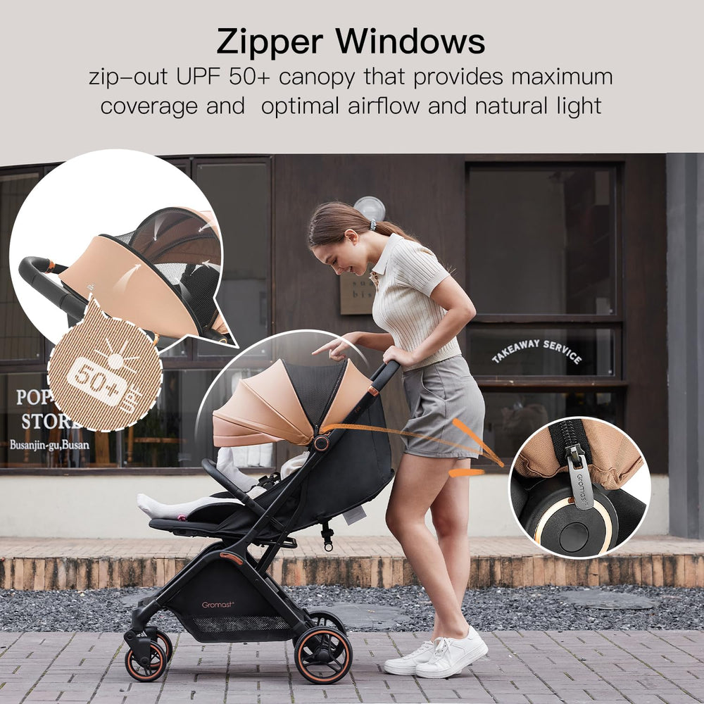 Gromast Gravity stroller 4-position canopy provides sun protection and airflow.