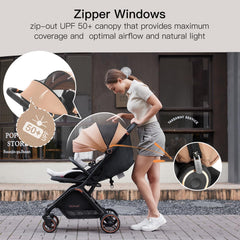 Gromast Gravity stroller 4-position canopy provides sun protection and airflow.