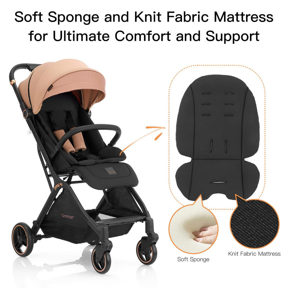 Gromast Gravity stroller with adjustable backrest helps tailor comfort as child grows.