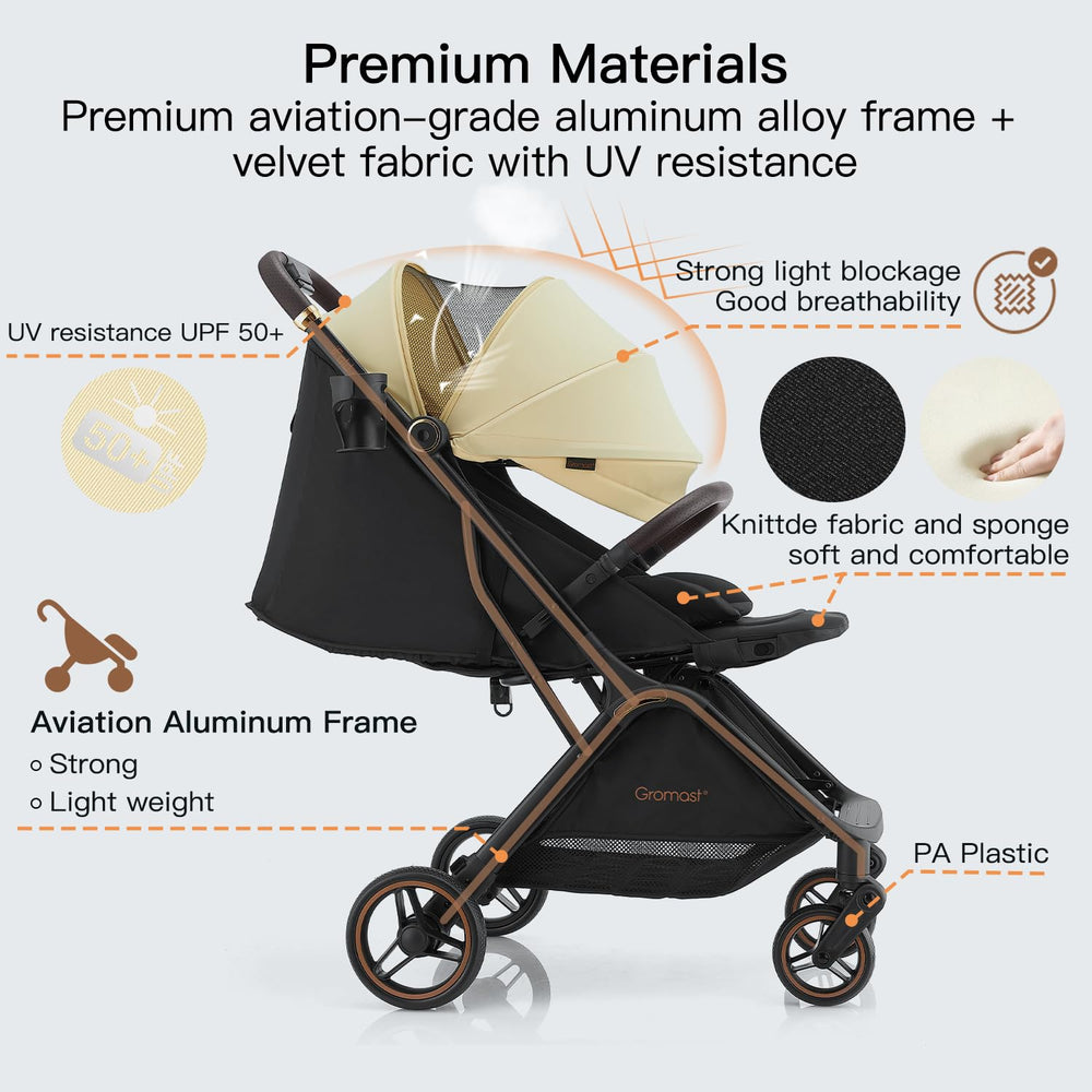 Gromast Gravity stroller all-wheel suspension smoothing bumps for a comfortable ride.