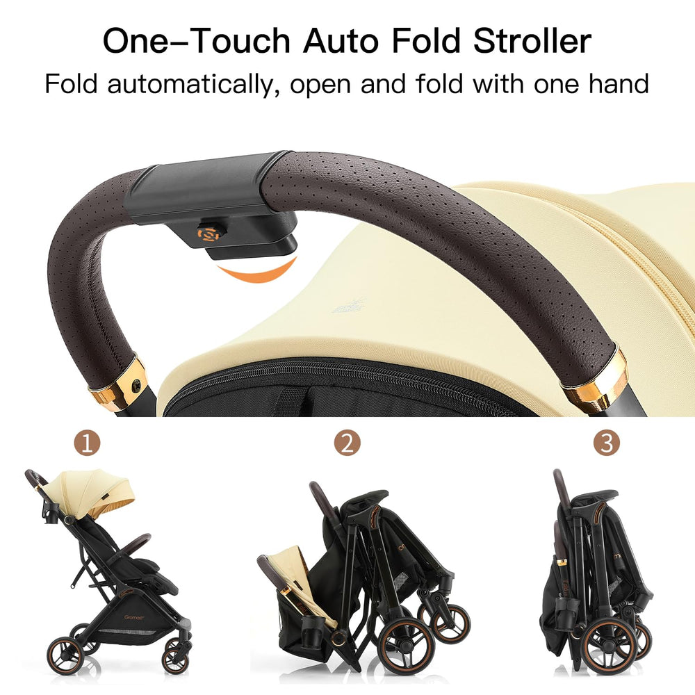 Gromast Gravity stroller folded in self-standing pose for easy storage.