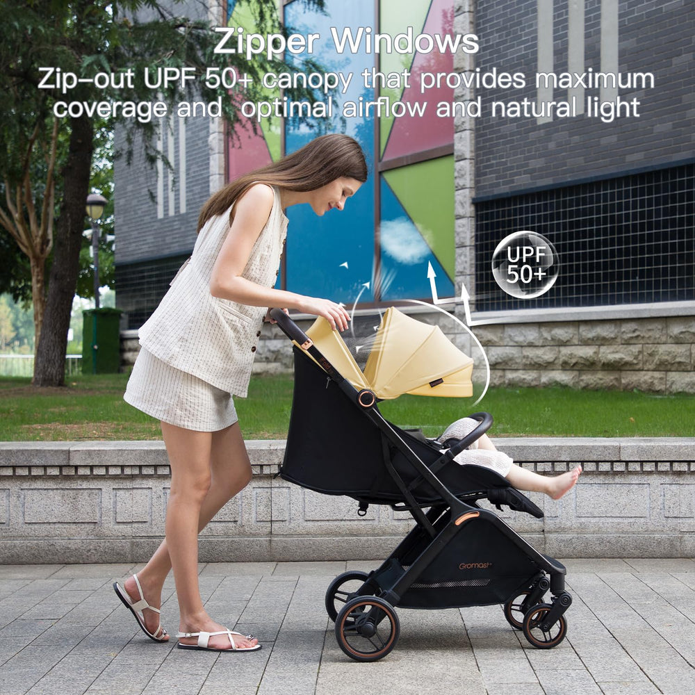 Gromast Gravity Peek-a-boo window for parent visibility and airflow.