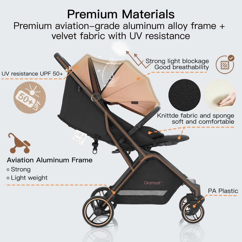 Gromast Gravity stroller features Peek-a-Boo window for easy parent viewing.