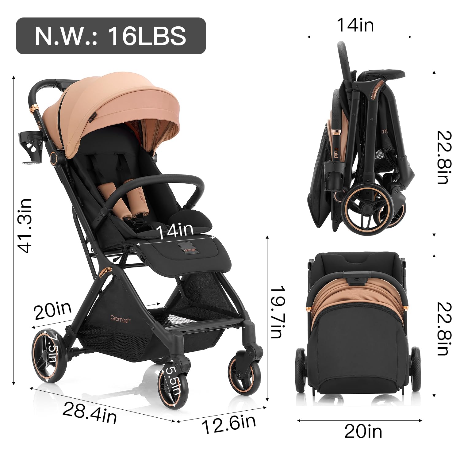 Gromast Gravity stroller uses UV-resistant fabric for durable, easy-clean surfaces.