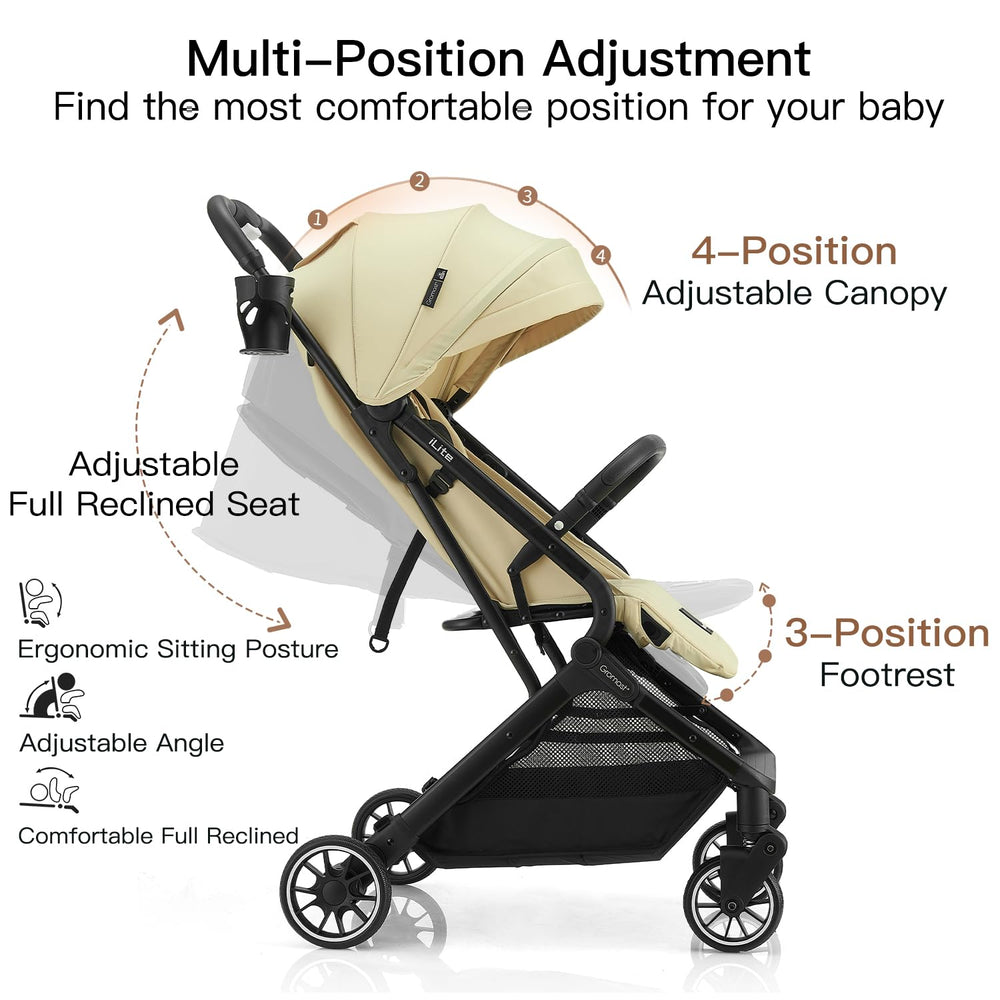 Gromast under-seat basket stores diapers and essentials for quick trips.