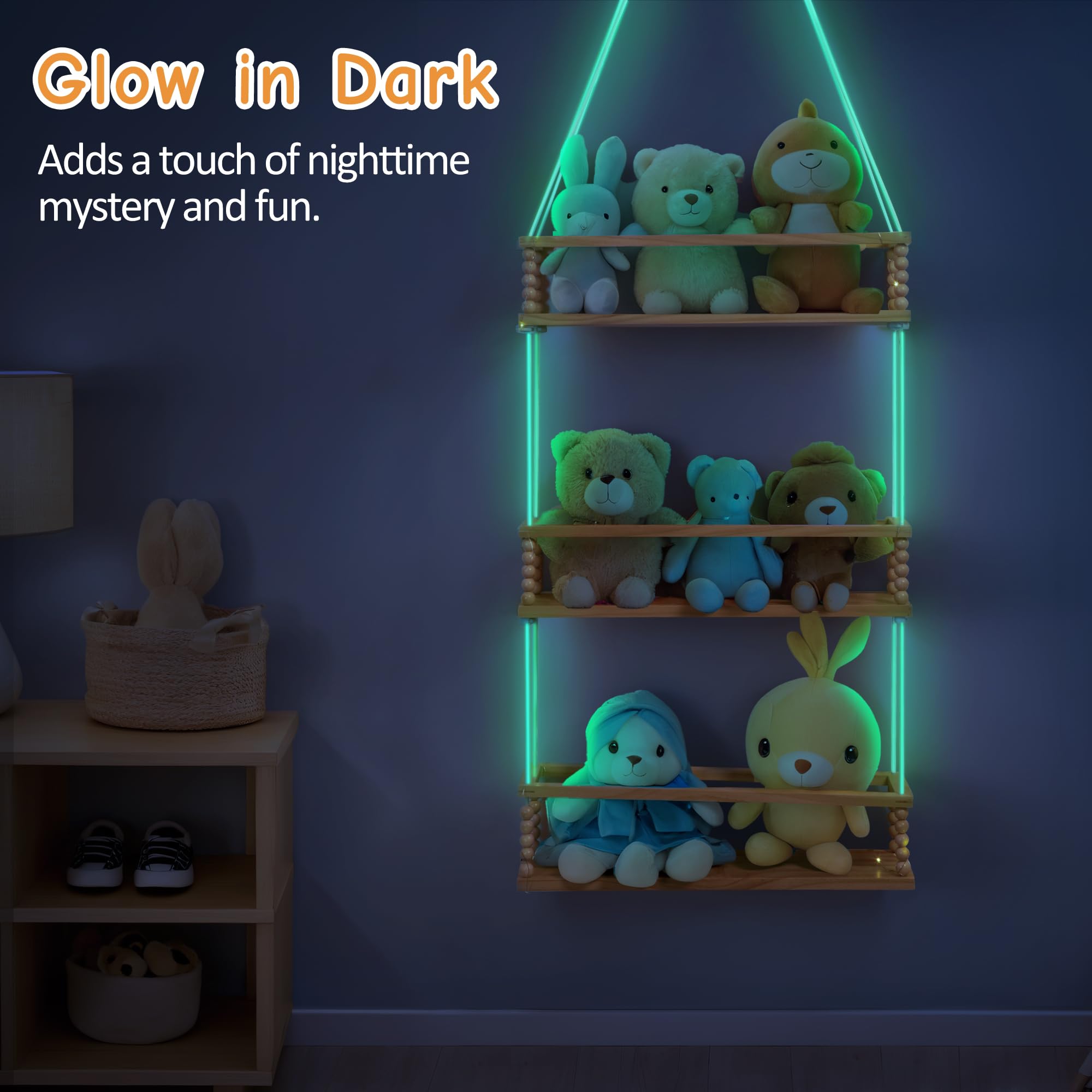 Gronda living room display shelves turn plush toys into decorative accents.