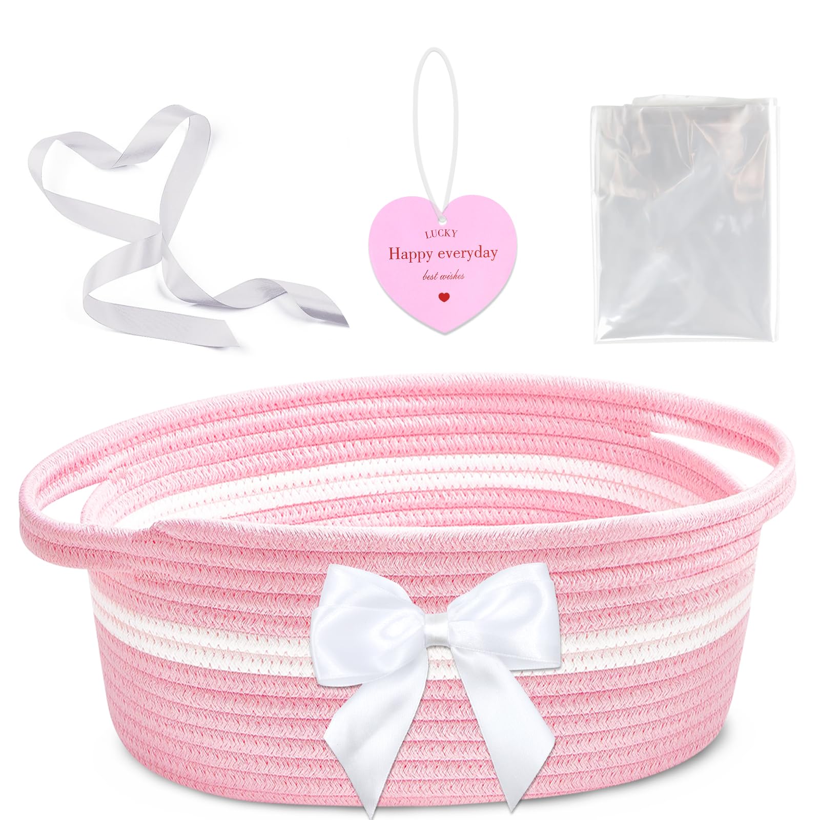 Groodo small woven basket pink patchwork with handles, ideal for gift packaging and home storage.