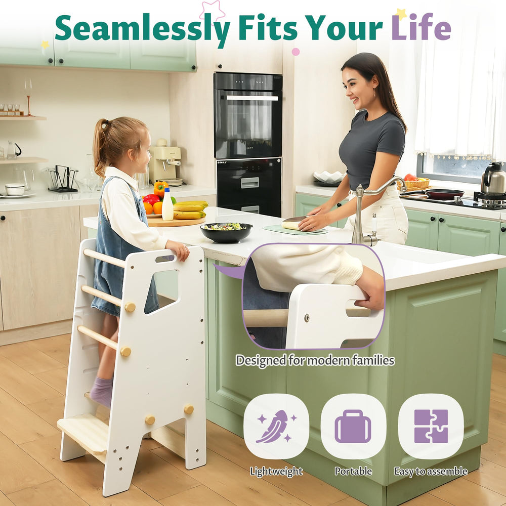 GroowingMind Toddler Tower in kitchen scene promoting hands on learning