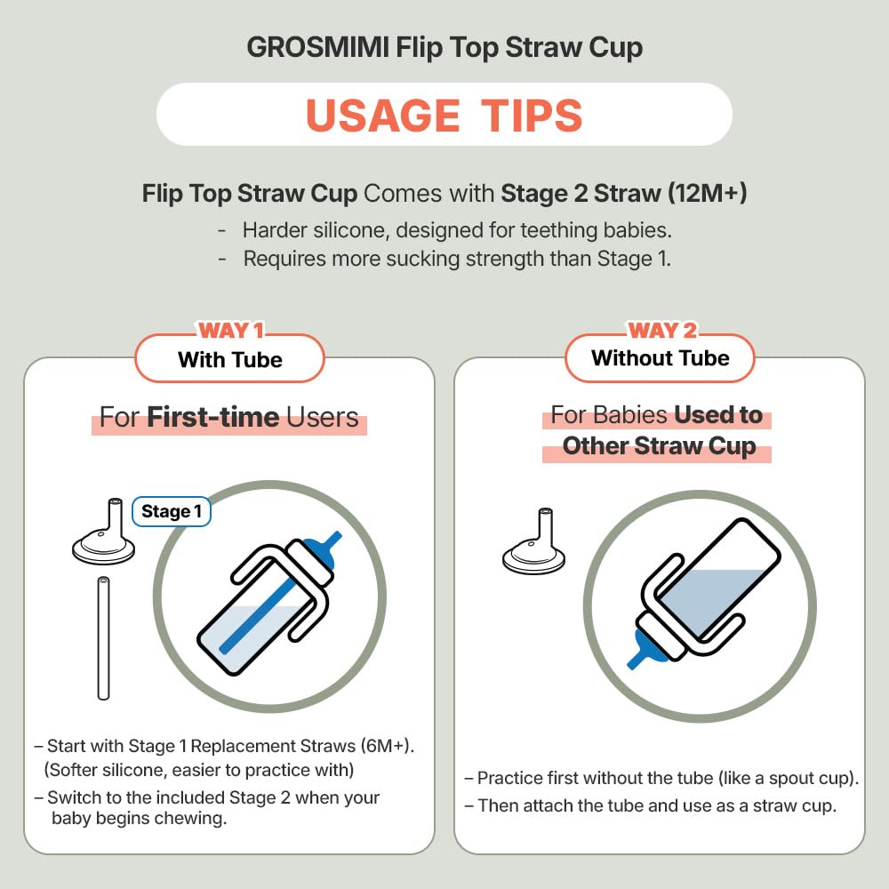 GROSMIMI dinosaur straw visible, Stage 2 design supports easy transition from bottles.