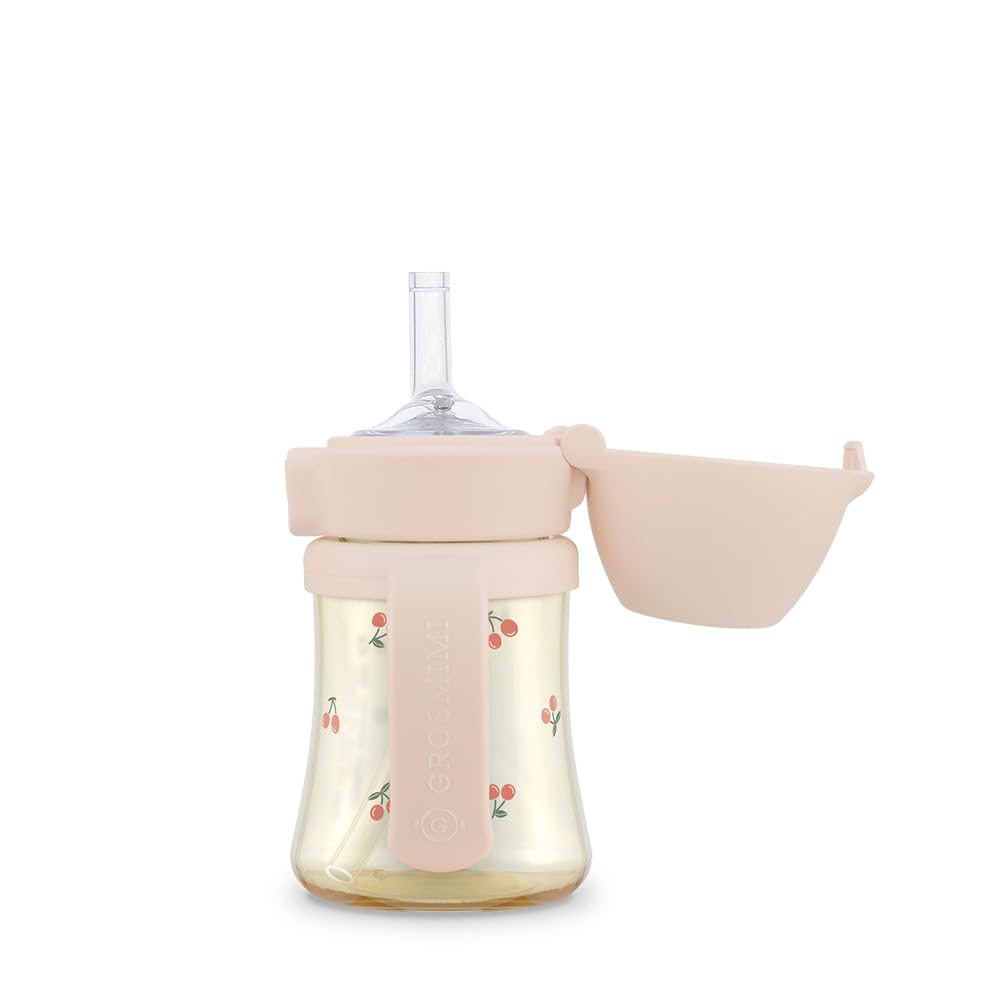 GROSMIMI flip-top spill-proof sippy lid in cherry reduces spills during play