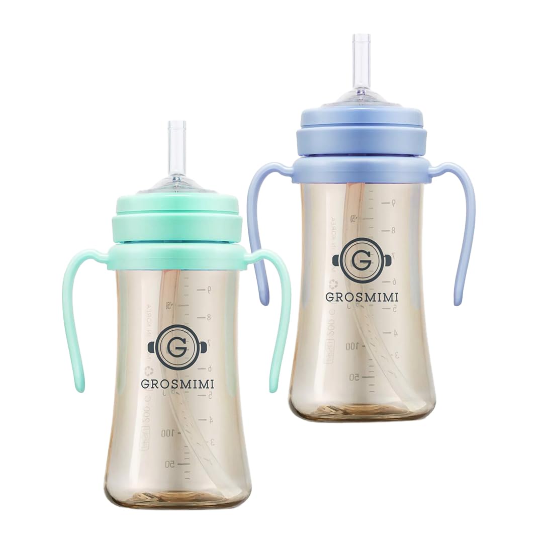 GROSMIMI spill-proof magic sippy cup in aqua green and sky blue, leak-free drinking for toddlers