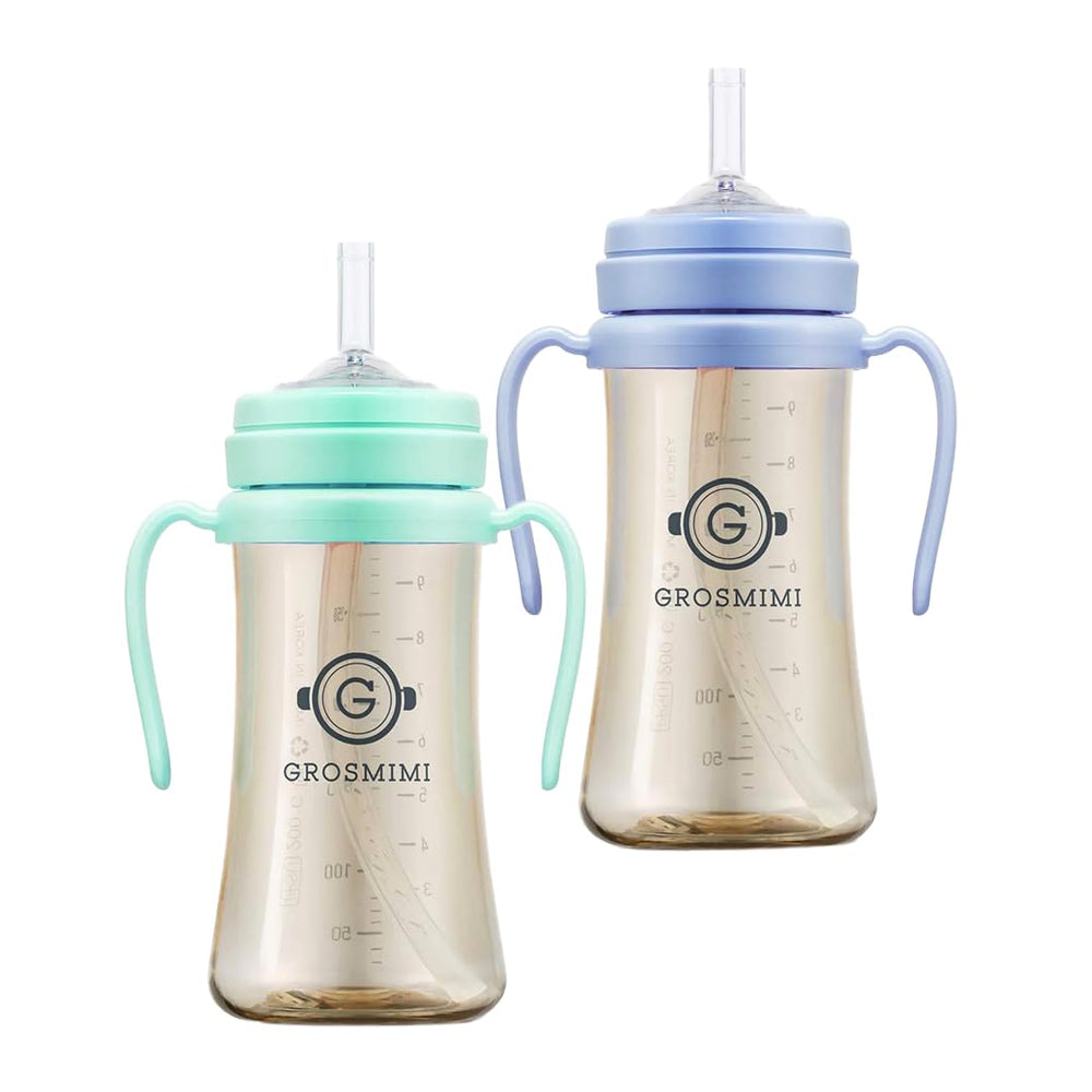 GROSMIMI spill-proof magic sippy cup in aqua green and sky blue, leak-free drinking for toddlers