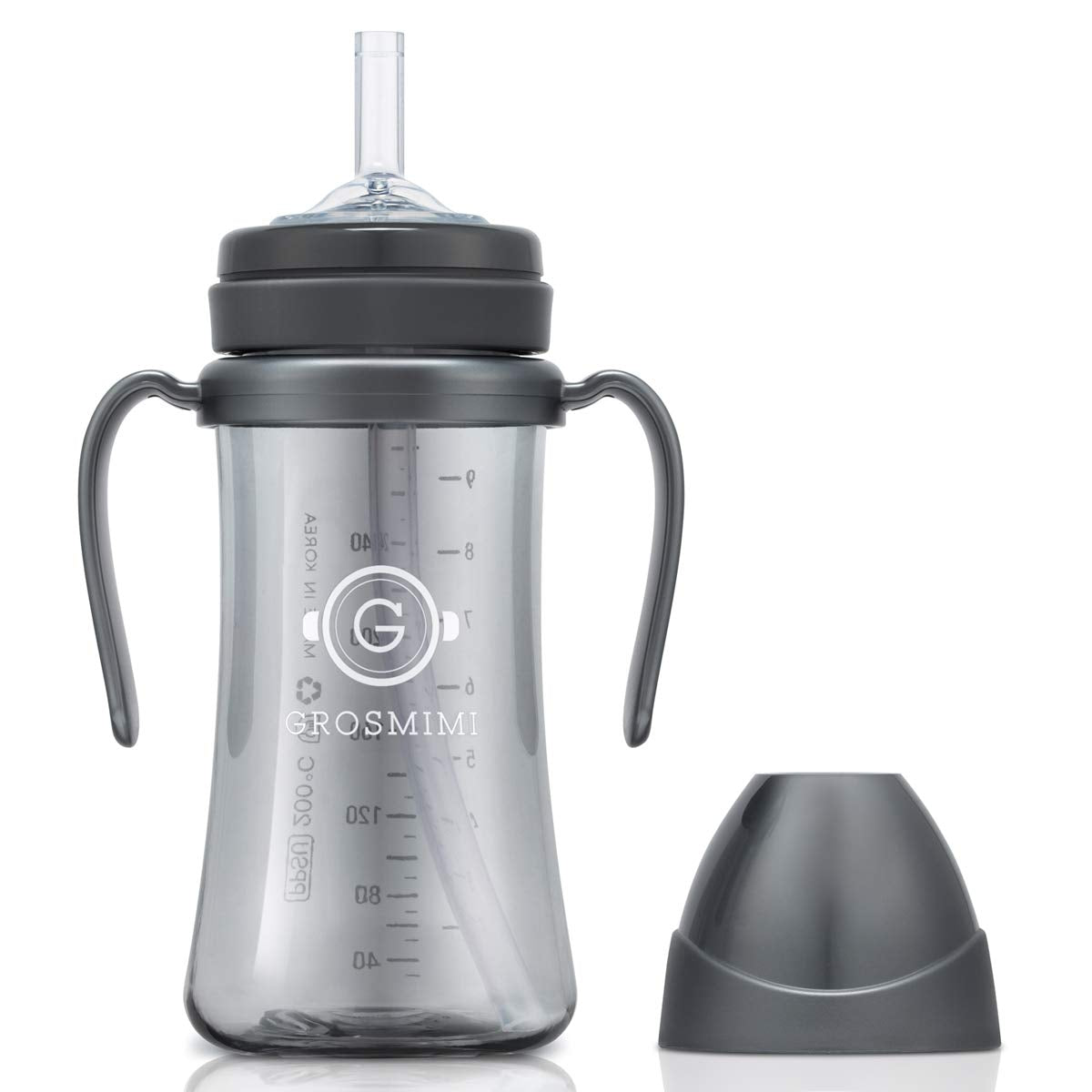 GROSMIMI spill-proof sippy charcoal 10oz shows spill-free drinking for active babies.