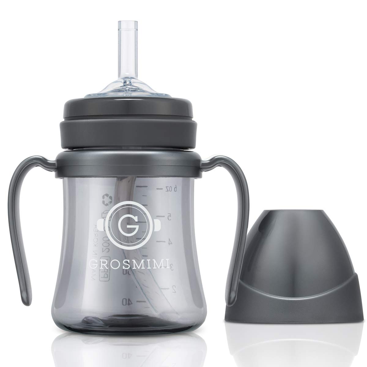 GROSMIMI spill-proof sippy cup charcoal close-up of leak-free nozzle reduces mess